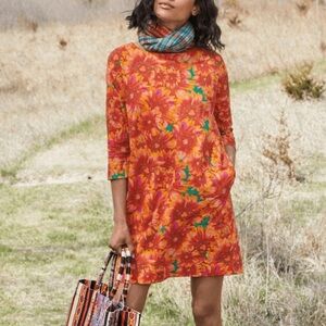 Peruvian Connection Orange Floral Fresco Tunic Dress Art Sunflowers Cotton Med